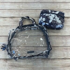 Vera Bradley Imperial Leaves Clear Travel Tote and Quilted Cosmetic Bag Set Gray